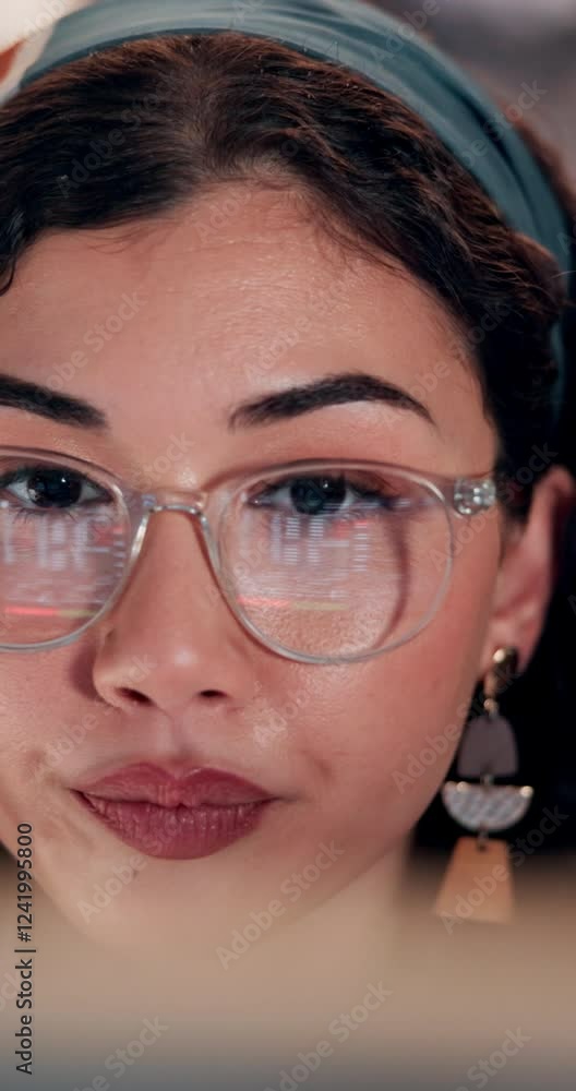 Poster trading, glasses and woman with data on computer for stock market analysis or investment statistics.
