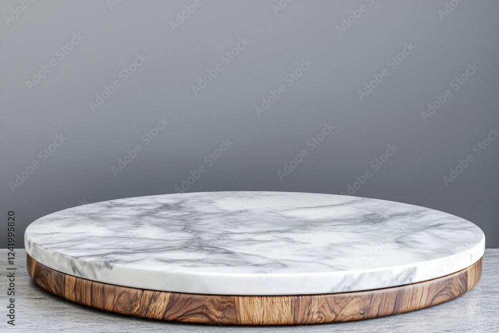 Poster empty round marble tray resting on a wooden base, creating a stylish and elegant platform for produc