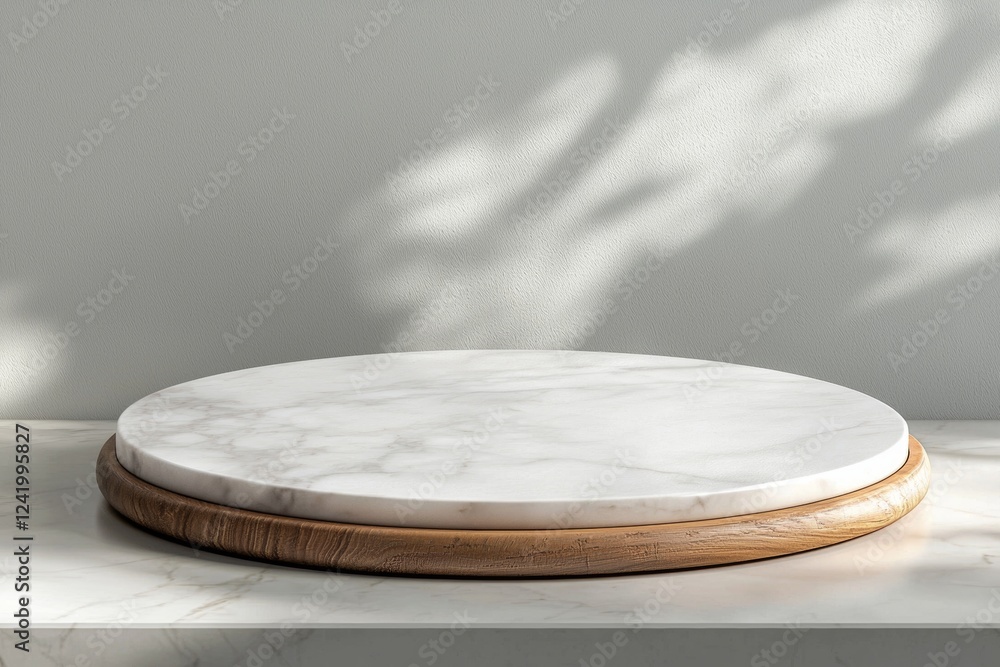 Aufkleber empty round marble podium resting on an oak wooden stand, providing an elegant display for products 