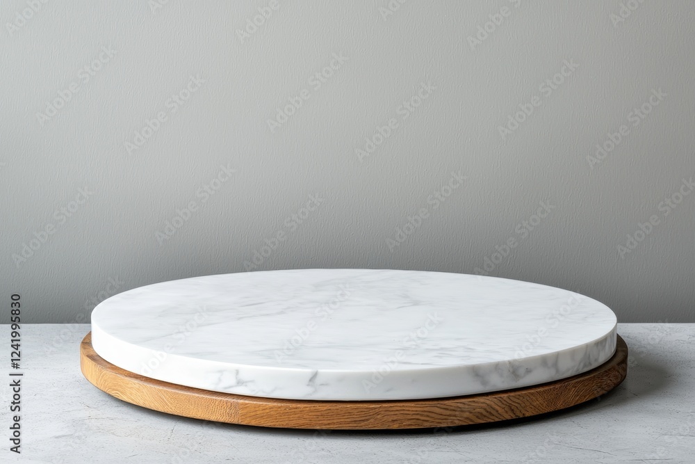 Poster round white marble tray resting on a wooden base against a subtle gray backdrop, creating a minimali