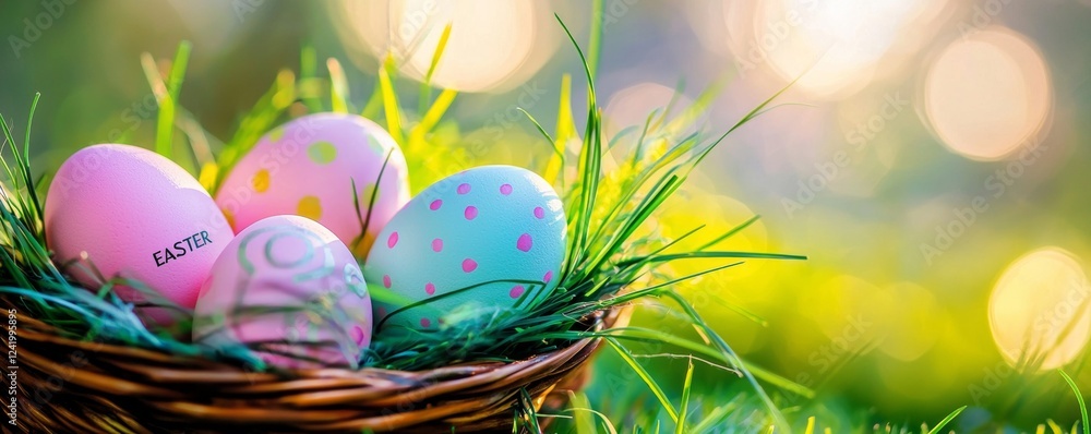 Poster colorful easter eggs nestled in a wicker basket with green grass and a beautiful sunset bokeh backgr