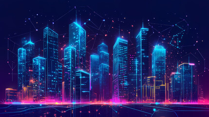 Fototapeta premium Neon mega city capital towers with futuristic technology background, future modern building virtual reality, night life style concept. generative ai. Futuristic Cities. Illustration