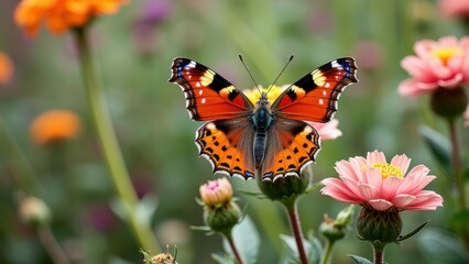 Obraz premium Vibrant orange butterfly on blooming flowers in a colorful garden setting