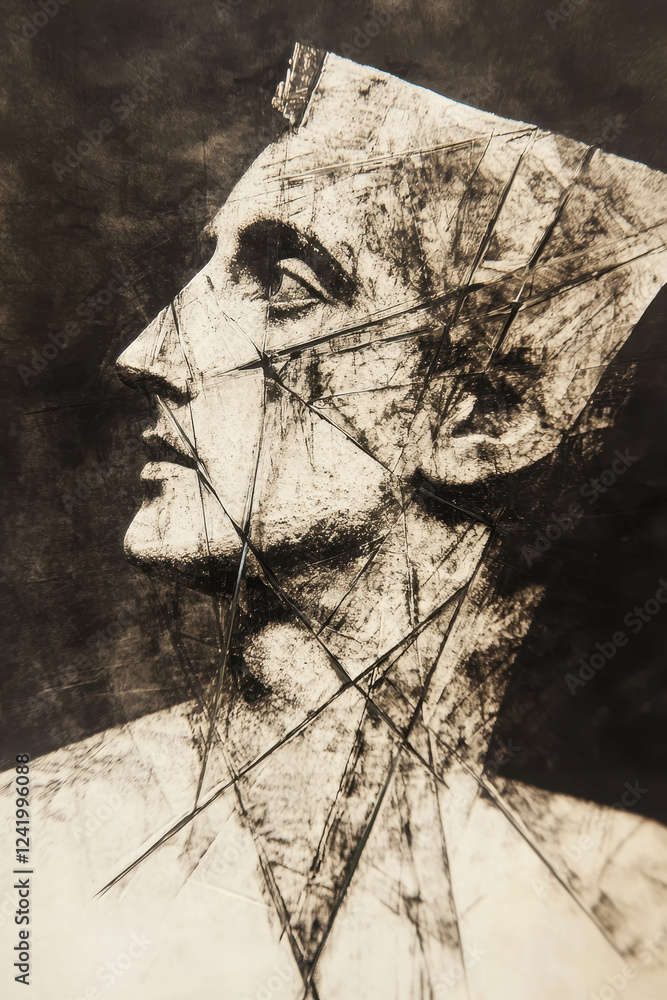 Poster intriguing abstract portrait featuring geometric lines and textured sketch in monochrome tones