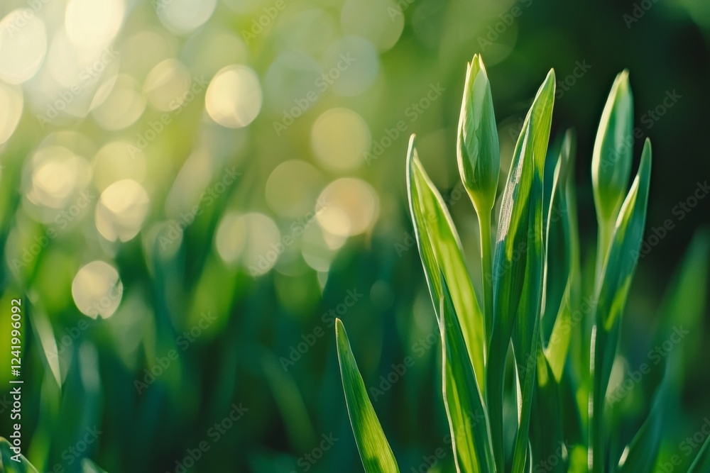 Poster white tulip buds are growing in spring sunlight, surrounded by lush green leaves and a soft bokeh ef