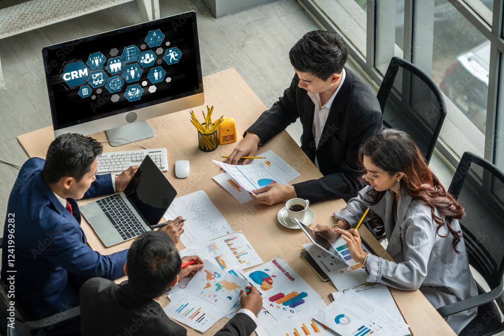 Aufkleber customer relationship management system on modish computer for crm business and enterprise