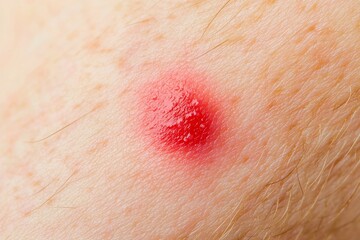 Fototapeta premium Close-up of a red spot causing itching on the human skin after an insect bite, showing potential symptoms of an allergic reaction or infection