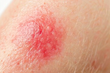 Fototapeta premium Close-up view of a skin rash exhibiting redness and irritation, emphasizing possible allergic reactions or various skin conditions such as eczema, dermatitis, or psoriasis