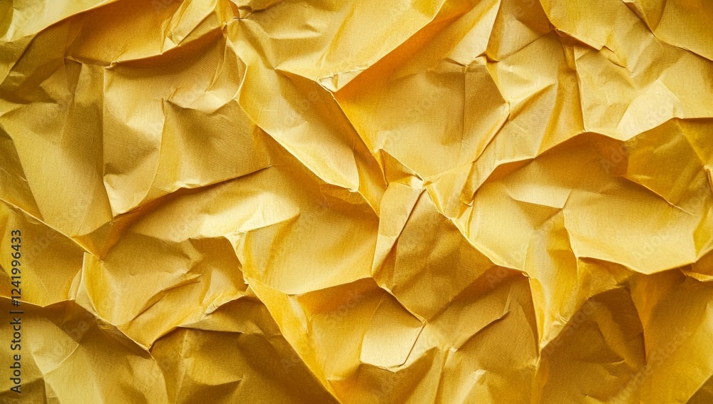 Poster close-up view of crumpled yellow paper showcasing a textured surface, ideal for design projects seek