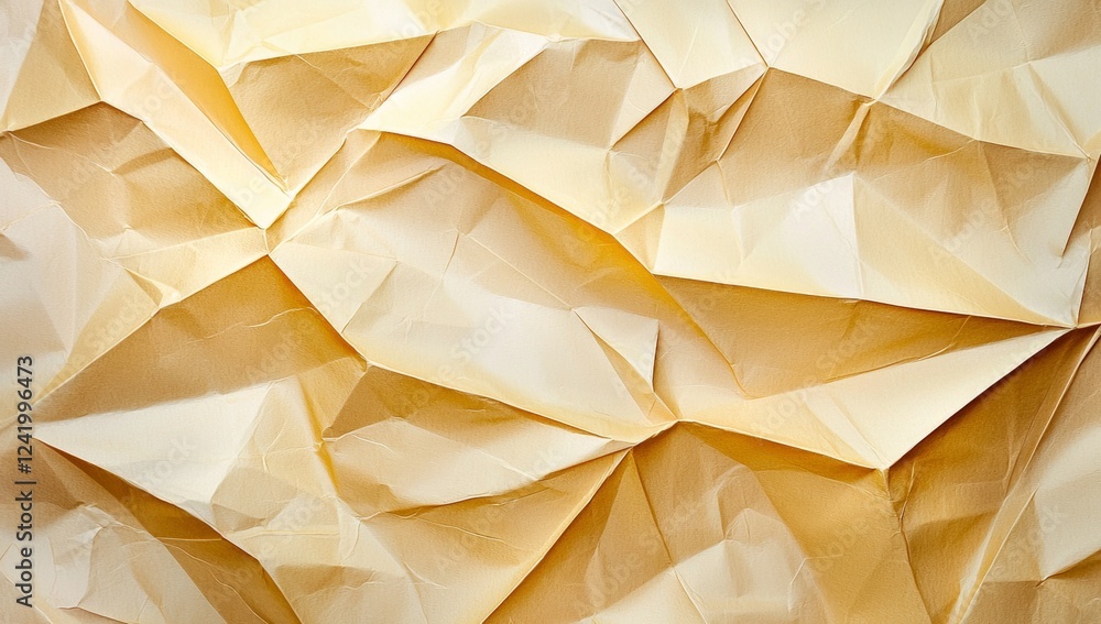 Poster close-up view of a crumpled sheet of beige paper creating an intricate abstract pattern, forming a t