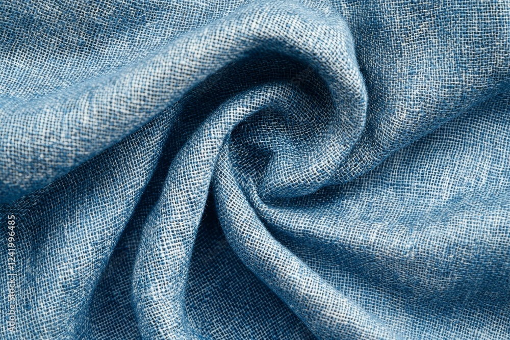 Poster close-up of twisted blue linen fabric showcasing its weaving and texture, creating an abstract patte
