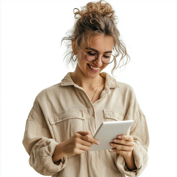 Happy, joyful, extatic human looking at a tablet, with keylight and rim light, Professional look, photography, on a white background