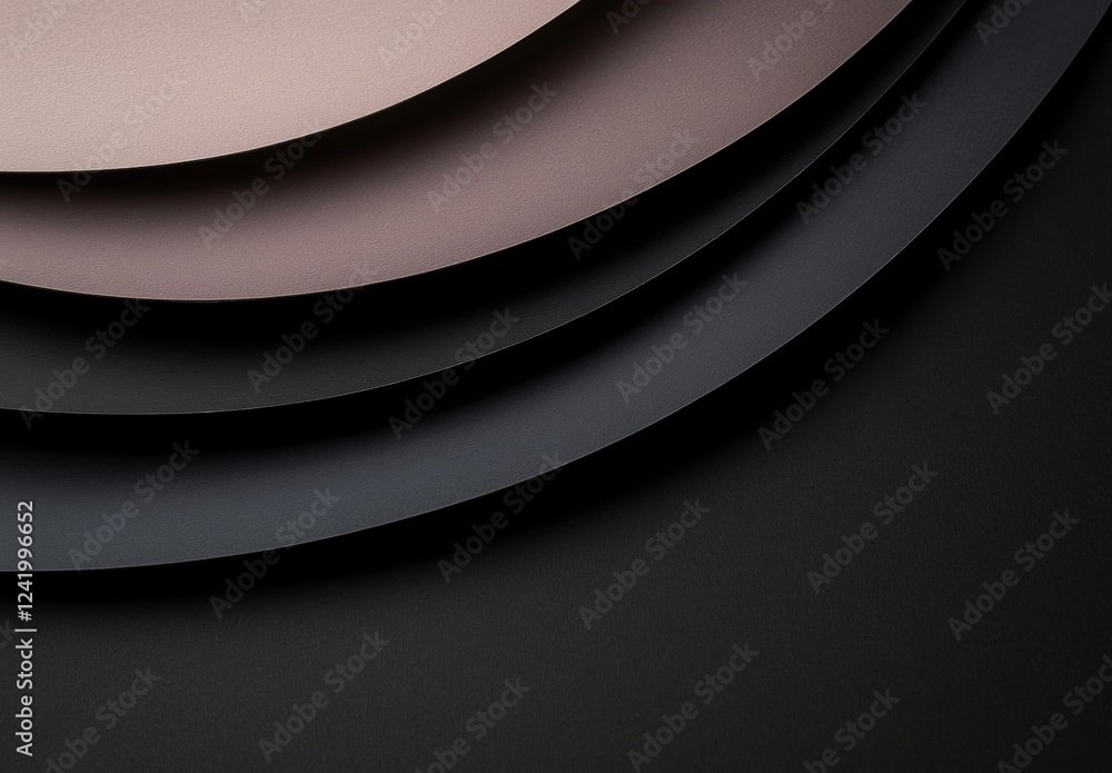 Poster abstract composition with curved paper sheets creating a gradient effect from light brown to dark gr