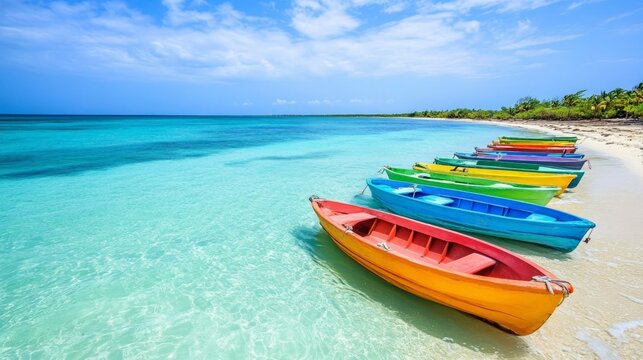 Colorful Boats Resting on Serene Tropical Beach Under Blue Sky
