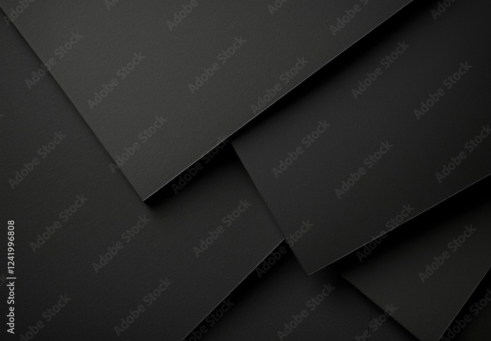 Poster overlapping black paper sheets create a rich, textured geometric pattern, forming an abstract compos