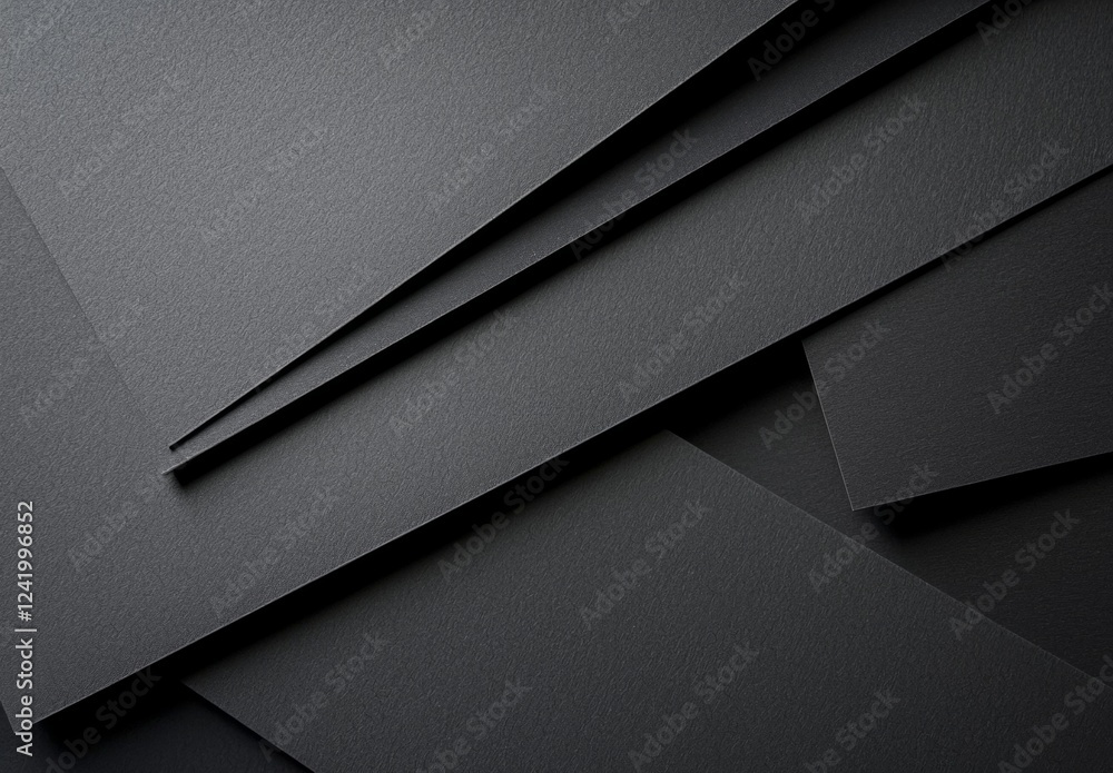 Poster geometric composition of overlapping black paper sheets creating an abstract design with shadows and