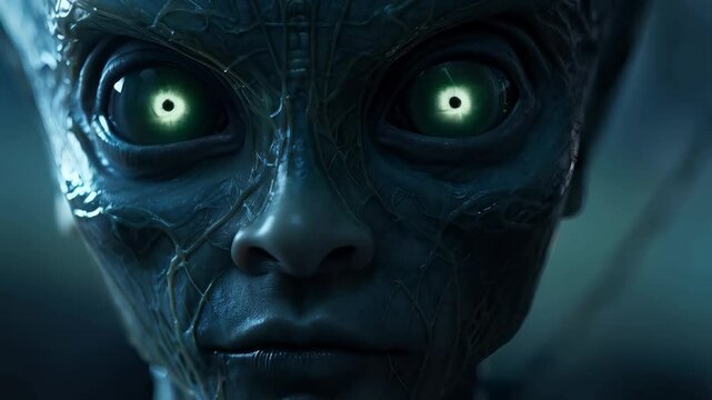 Alien creature with glowing green eyes in dark atmospheric setting. Sci-fi character concept for Halloween, World UFO Day, Area 51 Raid Day, Space Day and Alien Abduction Day. Futuristic concept