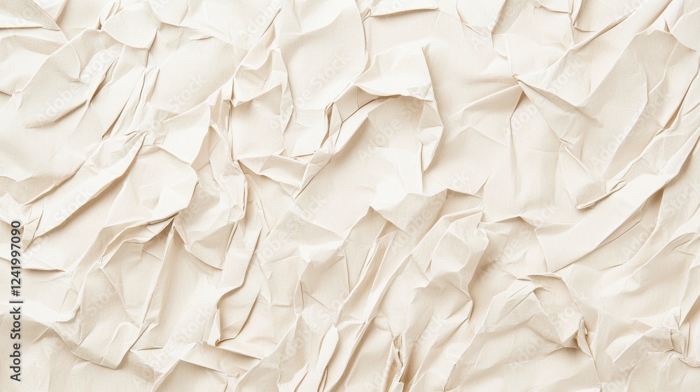 Poster crumpled white wrapping paper forms a beautifully textured and abstract backdrop, providing an elega