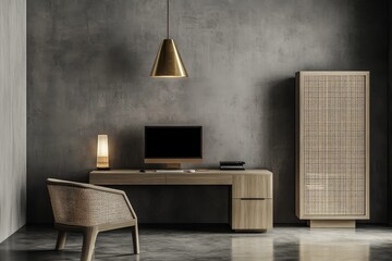 Modern home office with wooden desk, chair, and cabinet against a textured wall.