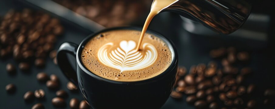 Barista is pouring milk into a cup of coffee creating latte art, a heart shaped design, with roasted coffee beans scattered around on a dark surface