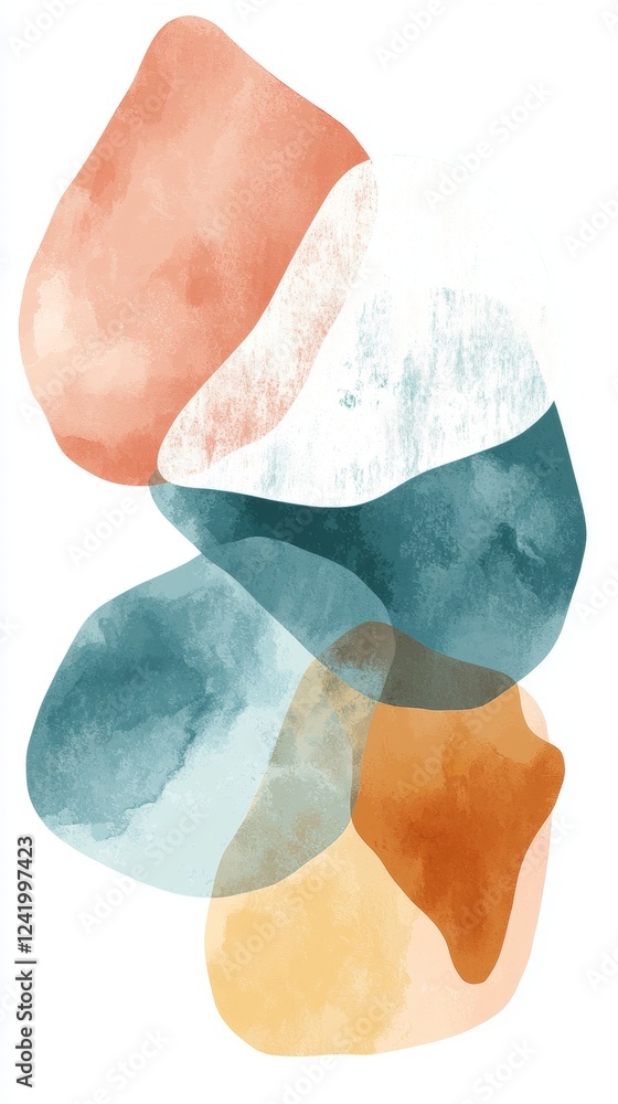 Poster modern abstract art composition featuring overlapping watercolor shapes in various warm and cool ton