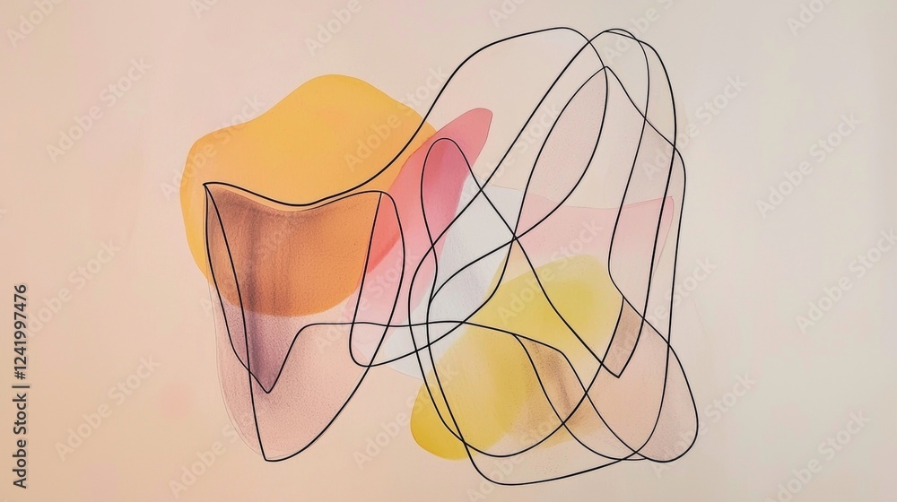 Poster continuous black line intertwining with pastel-colored abstract shapes creates a modern and minimali