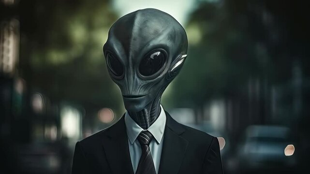 Alien in business suit on blurred city background. Extraterrestrial executive concept for World UFO Day, Area 51 Day, Science Fiction Day, Space Day and Halloween. Mysterious creature portrait
