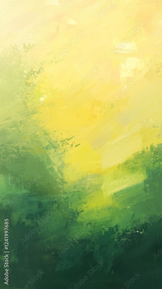 Poster green and yellow brushstrokes blend together, creating an abstract painting with a vibrant and textu