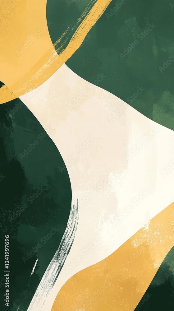 Poster modern abstract background featuring a dynamic composition of green, gold, and beige brushstrokes, c