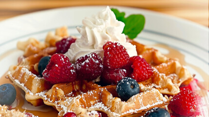 Delicious Liege waffle topped with fresh berries and whipped cream, showcasing caramelized crust in a vibrant setting