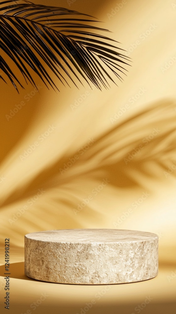 Poster empty textured stone podium on yellow background with palm leaf shadow creating a summery and tropic