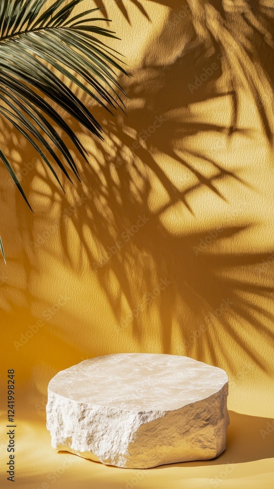 Poster empty stone podium on yellow background with palm tree shadows creating a summery and tropical atmos