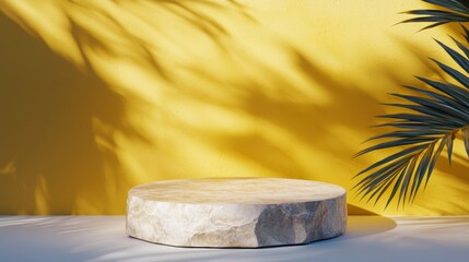 Empty stone podium on white surface with palm tree leaf and yellow wall with leaf shadows creating a summer tropical background for product placement