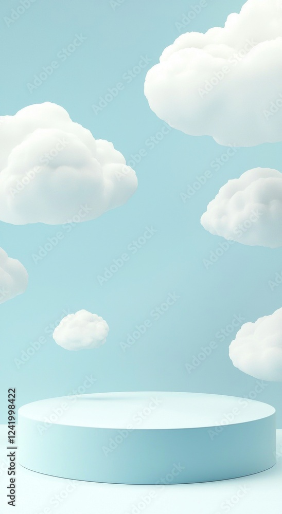 Poster light blue pastel minimal podium displaying products with fluffy clouds on background is perfect for