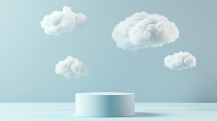 Minimalist pastel blue background featuring a cylindrical podium with fluffy white clouds floating above, creating a serene, dreamy atmosphere for product displays