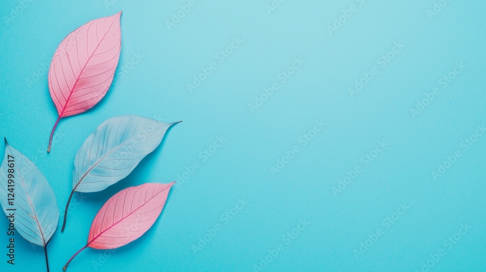 Poster pink and light blue leaves are arranged on a turquoise background, creating a vibrant and minimalist