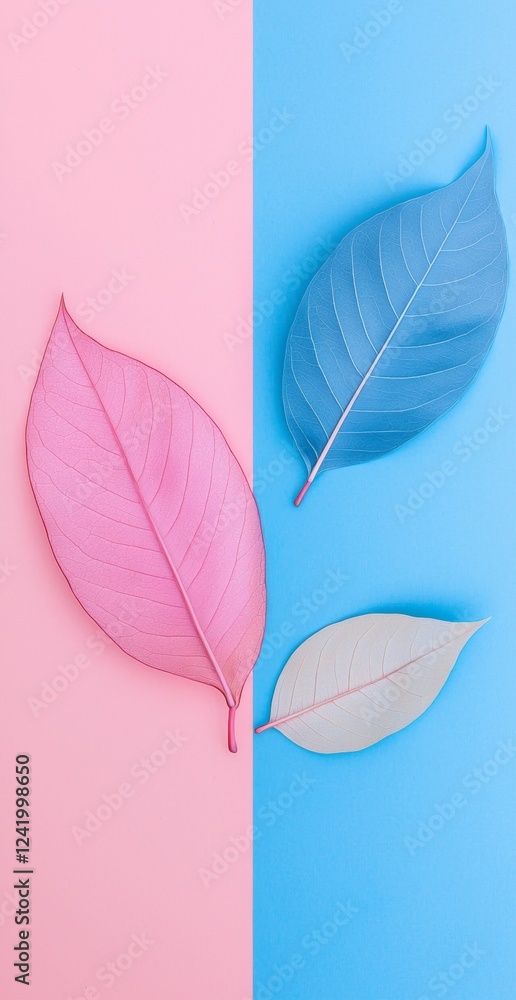 Aufkleber pastel pink and blue split background featuring delicate skeleton leaves, creating a harmonious and 