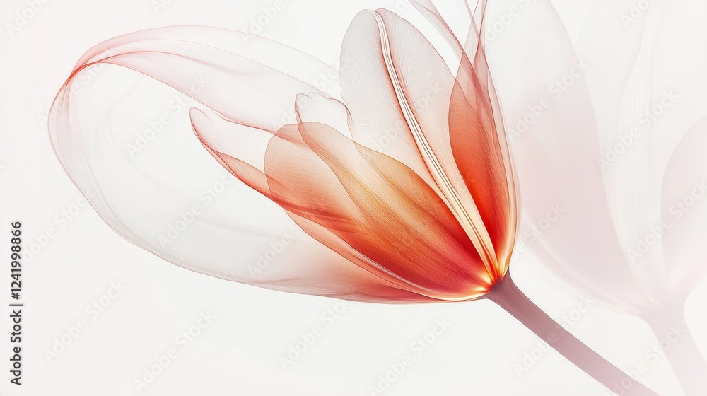 Poster abstract red and white flower blooming with delicate translucent petals, creating a sense of eleganc