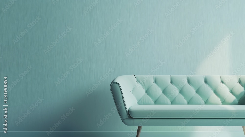 Poster sunlight bathes a stylish, teal sofa against a matching wall, creating a serene and sophisticated at
