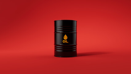 Single black metal oil barrel on red background. Front view. Oil industry concept. 3d render illustration