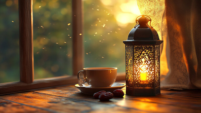 Warm glowing lantern on a wooden post casting golden light in an outdoor setting with soft-focus greenery, evoking a sense of tranquility and nostalgia