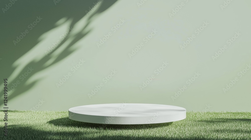Poster white round podium resting on a lush green grass field, surrounded by soft leaf shadows and compleme