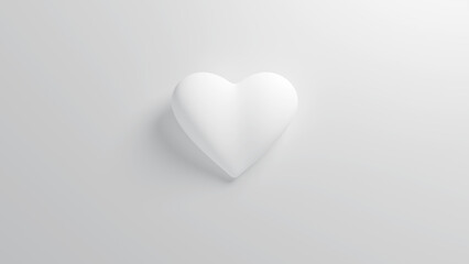White heart with soft shadow on a white background. Valentine's day romantic backdrop. 3d render illustration.