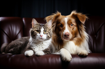 Retrato de un perro y un gato juntos, mirando a la cámara, con fondo neutro y luz natural.convivencia pacífica y la conexión emocional entre perros y gatos
