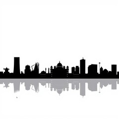 Naklejka premium Modern city skyline with cranes enveloped in fog showcasing urban development and construction silhouetted skyline cityscape architecture illustration building city vector