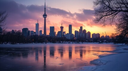 Fototapeta premium A winter skyline at sunset, reflecting warm orange and pink hues, icy lake in the foreground, serene mood