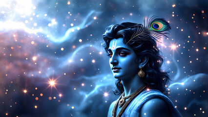Lord Krishna adorned with a peacock feather against glowing cosmic background.