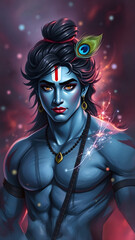 Portrait of Lord Krishna with deep blue skin, intense golden eyes and a peacock feather in hair