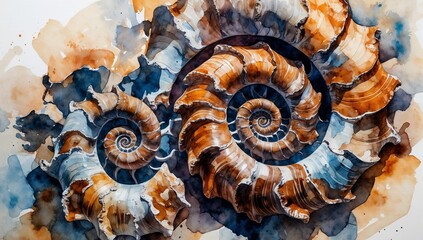 Fantasy artwork featuring fossil-inspired ammonites in rich watercolor textures