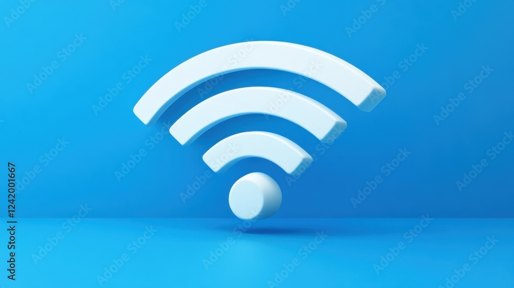 Poster white wi-fi symbol on a bright blue background representing wireless internet connection and technol